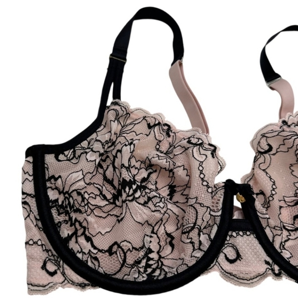 Cacique | Light Pink Black Floral Lace Underwire Balconette Bra Size 38DD (38E)